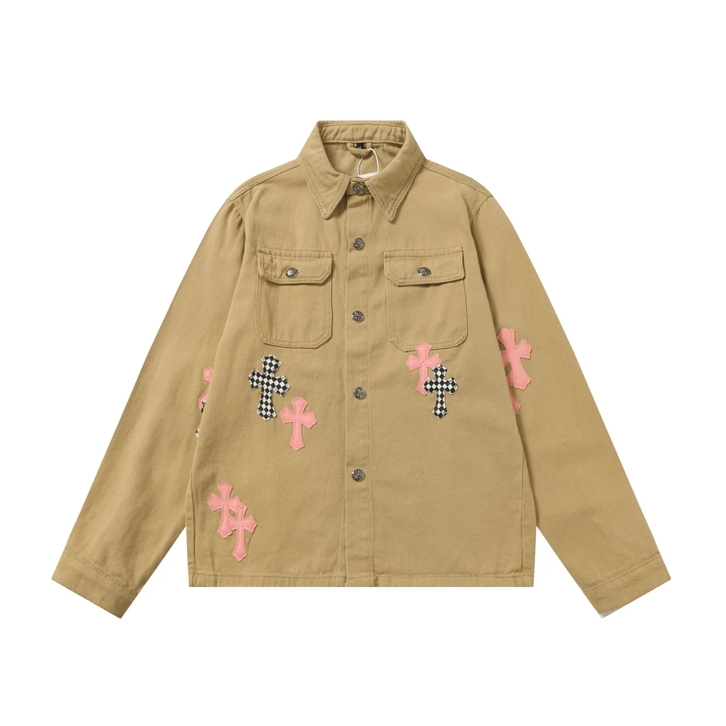 P360 Chrome Hearts 25ss patchwork leather cross patchwork embroidered shirt denim jacket Color: Picture color Size: M-3XL